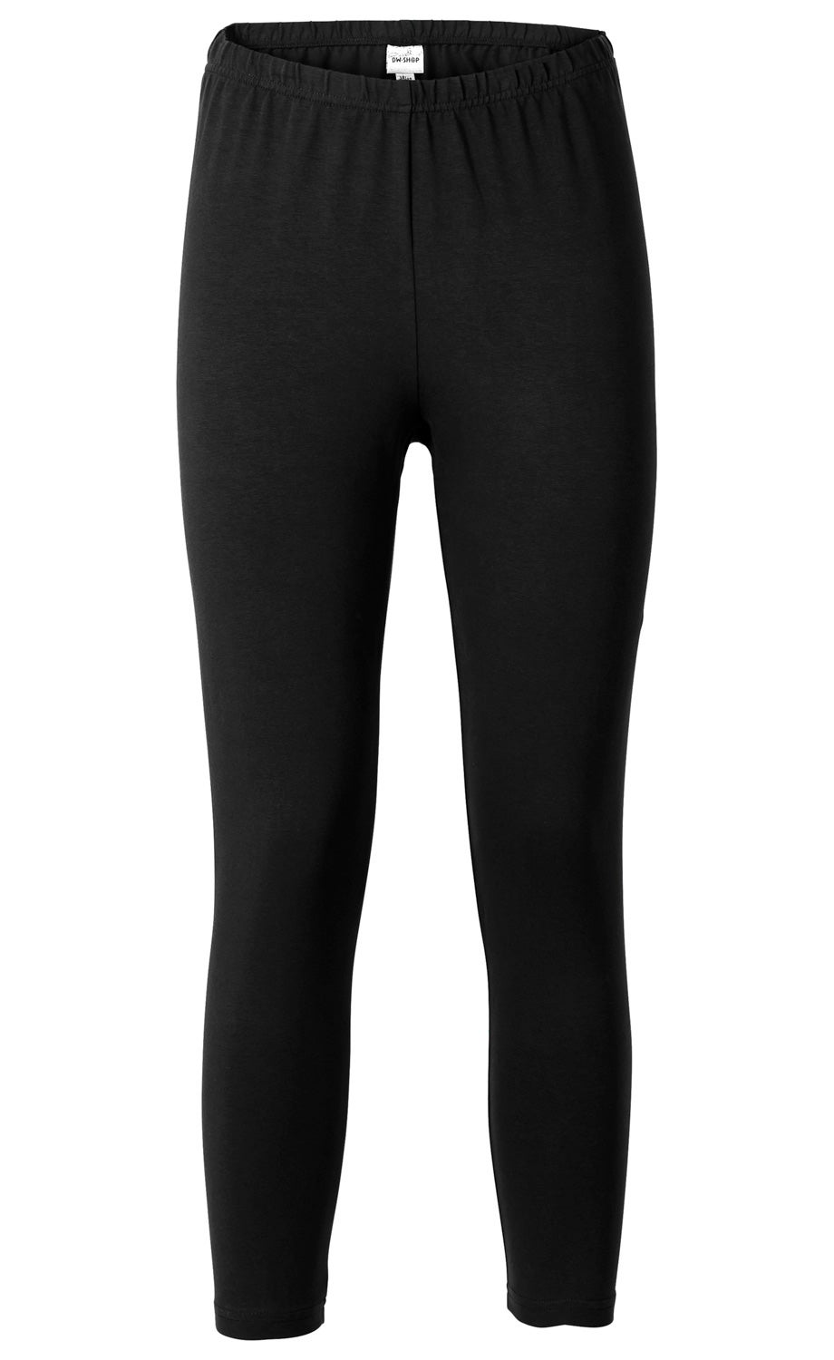 Schwarze Baumwoll-Mix-Leggings, eng anliegend, elastischer Bund, knöchellang, ohne Muster oder Verzierungen, schlichtes Design, Vorderansicht auf weißem Hintergrund