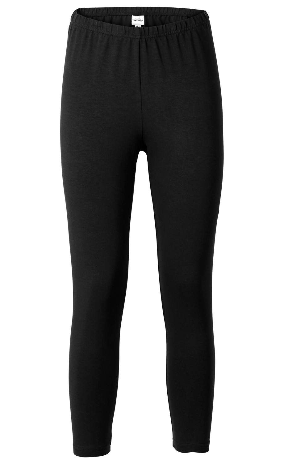 Schwarze Baumwoll-Mix-Leggings, eng anliegend, elastischer Bund, knöchellang, ohne Muster oder Verzierungen, schlichtes Design, Vorderansicht auf weißem Hintergrund