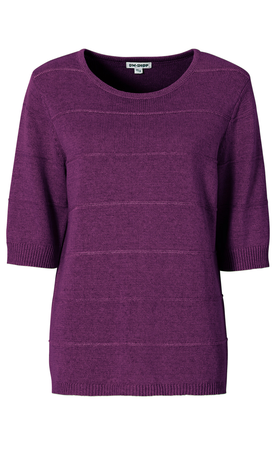 Leinen-Mix-Pullover in dunkellila, kurzärmlig, Rundhalsausschnitt, feine horizontale Struktur, gerippte Ärmelbündchen und Saum, schlichtes Design, leicht lockere Passform