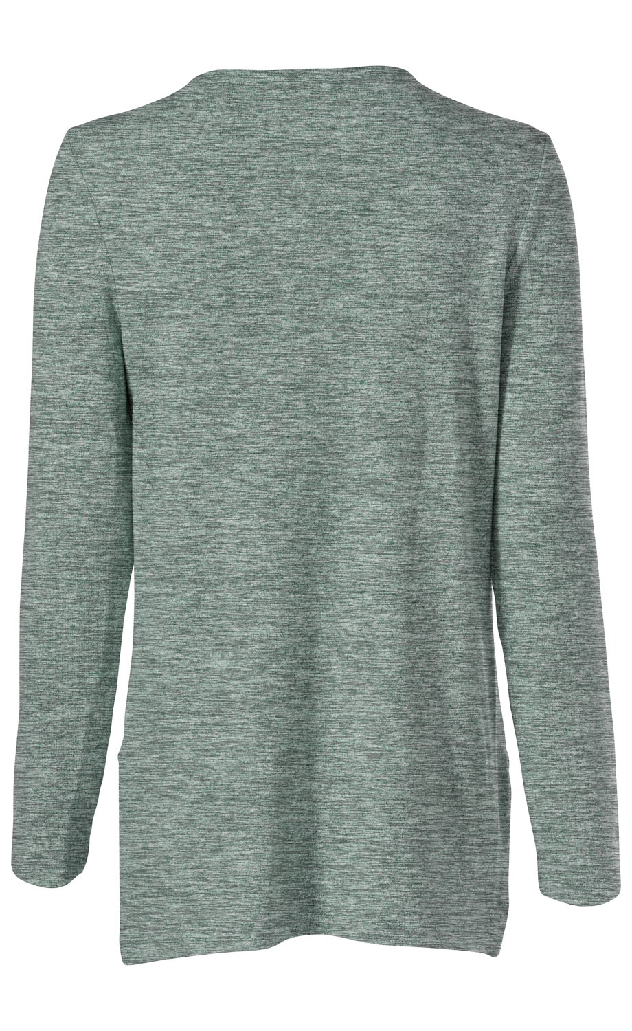 Rückansicht eines langärmeligen Viskose-Mix-Shirts in meliertem Grau-Grün mit schmalem Rundhalsausschnitt und geradem Schnitt