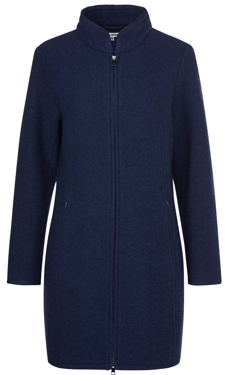 Dunkelblaue Woll-Jacke mit Stehkragen, durchgehendem Reißverschluss und langen Ärmeln, schlichtes Design, zwei seitliche Reißverschlusstaschen, knielanger Schnitt.