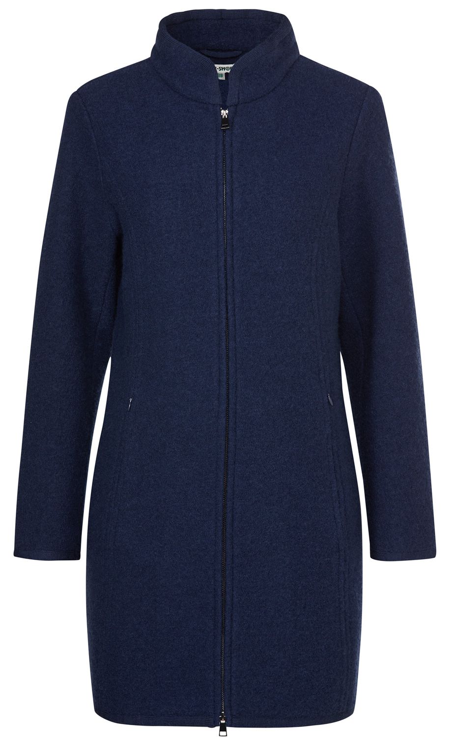 Dunkelblaue Woll-Jacke mit Stehkragen, durchgehendem Reißverschluss und langen Ärmeln, schlichtes Design, zwei seitliche Reißverschlusstaschen, knielanger Schnitt.