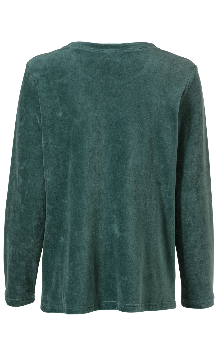 Baumwoll-Shirt in dunkelgrün, langärmlig, samtige Oberfläche, Rückansicht, gerader Saum, Rundhalsausschnitt, einfache, unifarbene Ausführung ohne Muster oder Verzierungen, lockere Passform