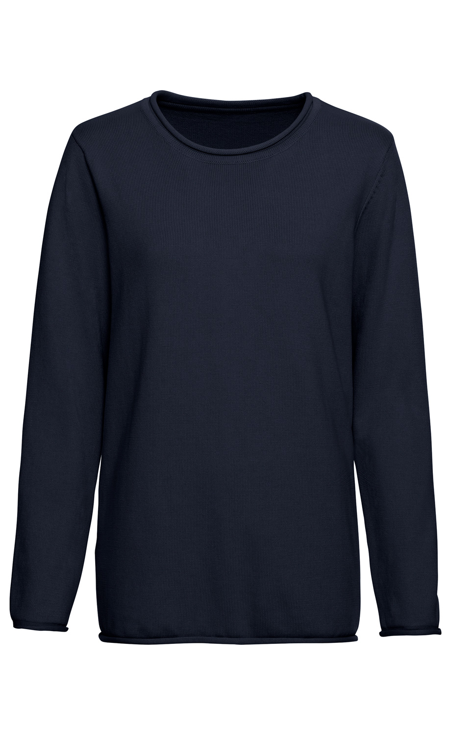 dunkelblauer Baumwoll-Pullover mit Rundhalsausschnitt und langen Ärmeln, schlichtes Design, eng anliegend, nahtlose Kanten am Saum und Ärmeln