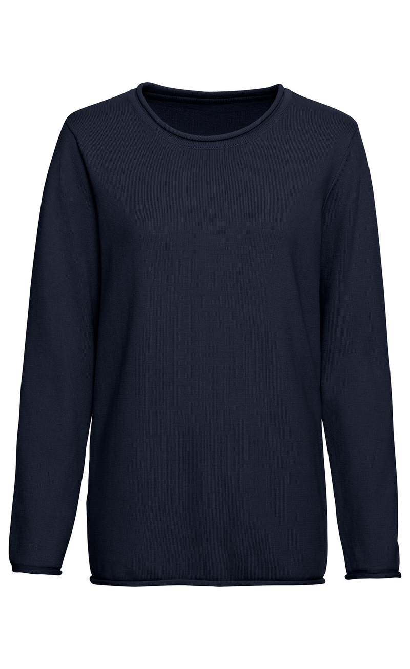 dunkelblauer Baumwoll-Pullover mit Rundhalsausschnitt und langen Ärmeln, schlichtes Design, eng anliegend, nahtlose Kanten am Saum und Ärmeln