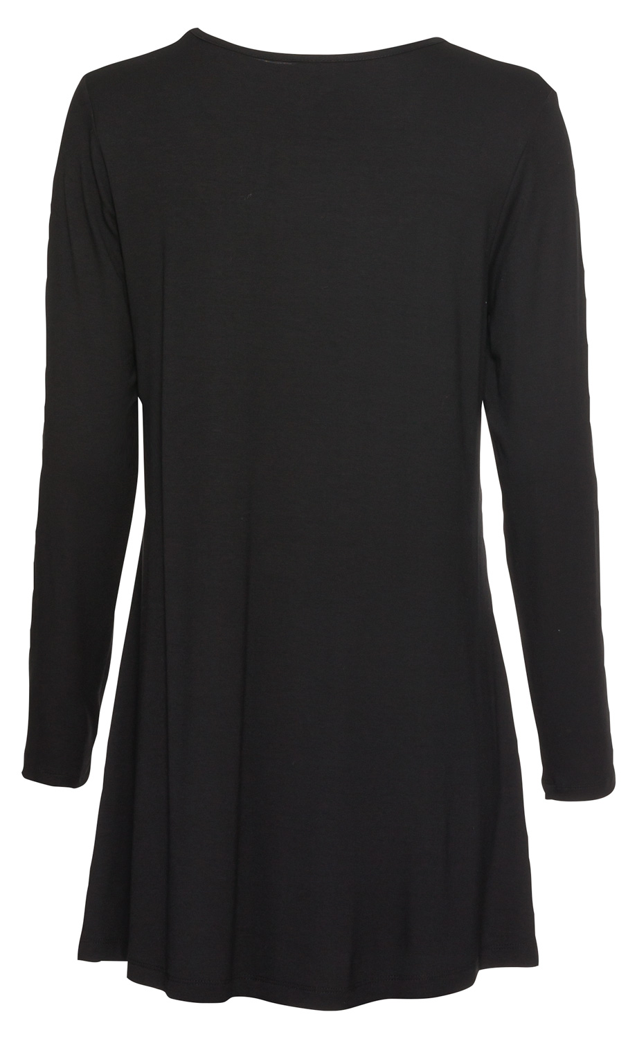 Damen Viskose-Mix-Shirt in Schwarz, langärmlig, hinten fotografiert, locker geschnitten, Rundhalsausschnitt, fließender Stoff, knieumspielend