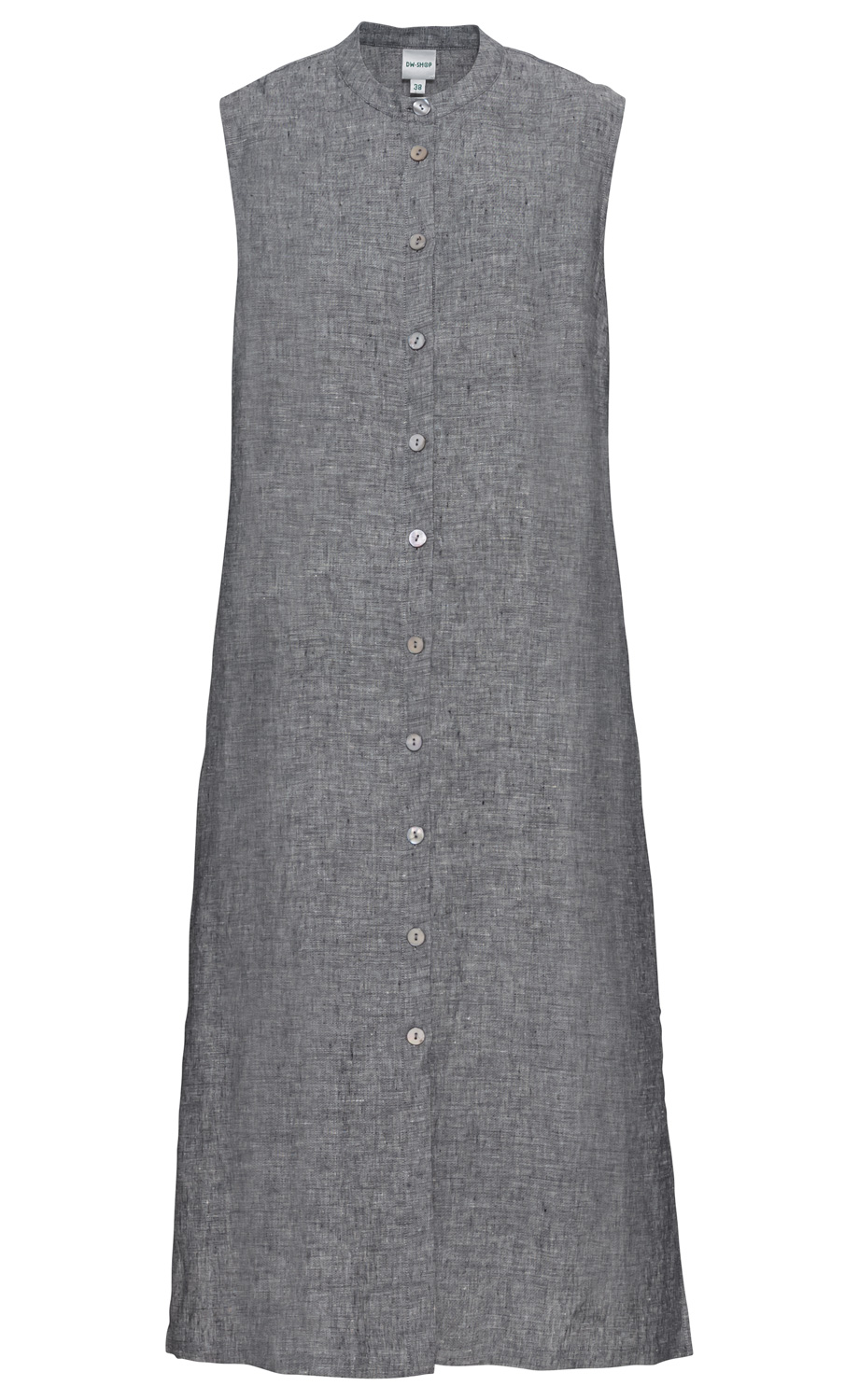 Ärmelloses Leinen-Kleid in Grau mit Stehkragen, durchgehender Knopfleiste vorne, mittellang, locker geschnitten, strukturierter Stoff, schlichtes Design.