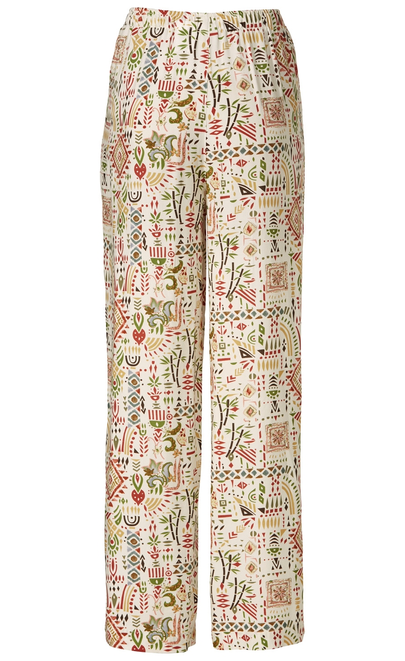 Viskose-Hose mit elastischem Bund, gerade geschnitten, cremefarben mit buntem, abstraktem ethnischem Muster in Rot, Grün, Blau und Braun, leichte, fließende Qualität, knöchellang
