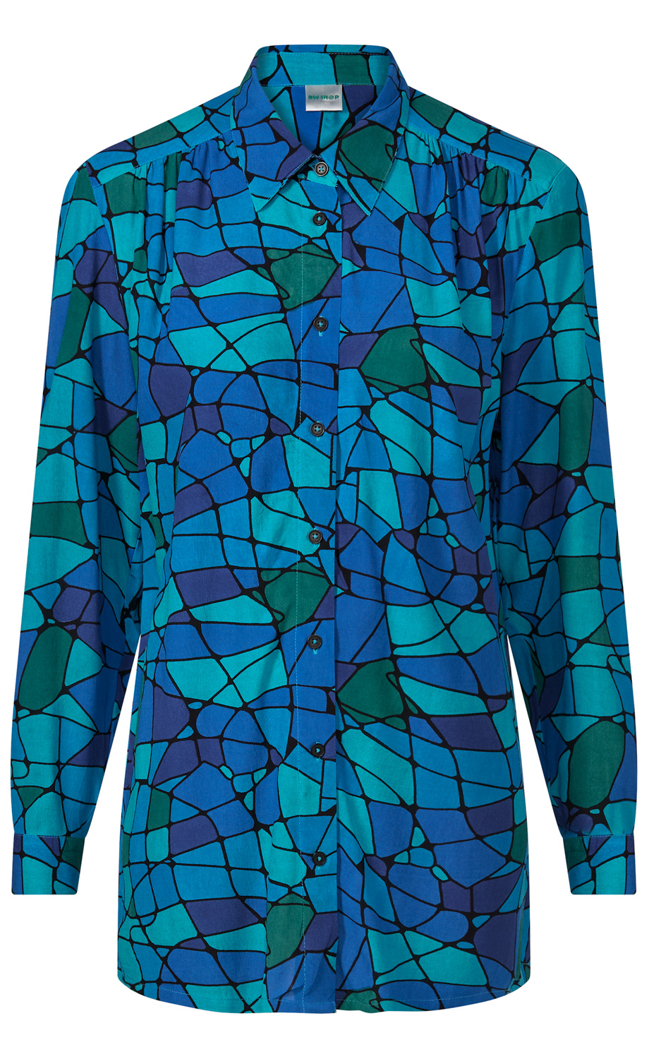 Langärmlige Bluse mit Kragen und durchgehender Knopfleiste, gemustert mit abstraktem Mosaik in verschiedenen Blautönen und Schwarz, tailliert, mit leichter Schulterpasse und Manschetten am Ärmelabschluss.