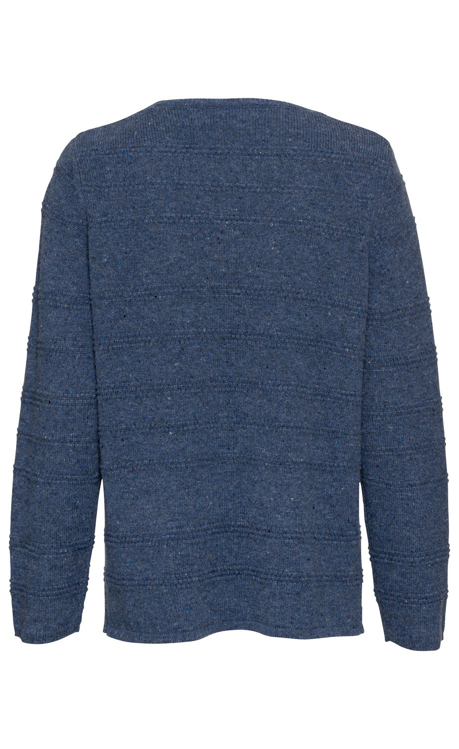 Rückansicht eines dunkelblauen Yak-Mix-Pullovers mit langem Arm, feiner Strickstruktur und leicht meliertem Muster, gerader Schnitt und eng anliegende Bündchen