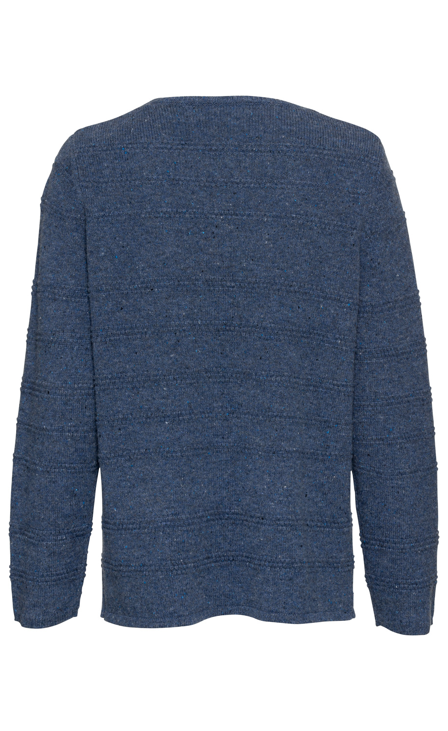 Rückansicht eines dunkelblauen Yak-Mix-Pullovers mit langem Arm, feiner Strickstruktur und leicht meliertem Muster, gerader Schnitt und eng anliegende Bündchen