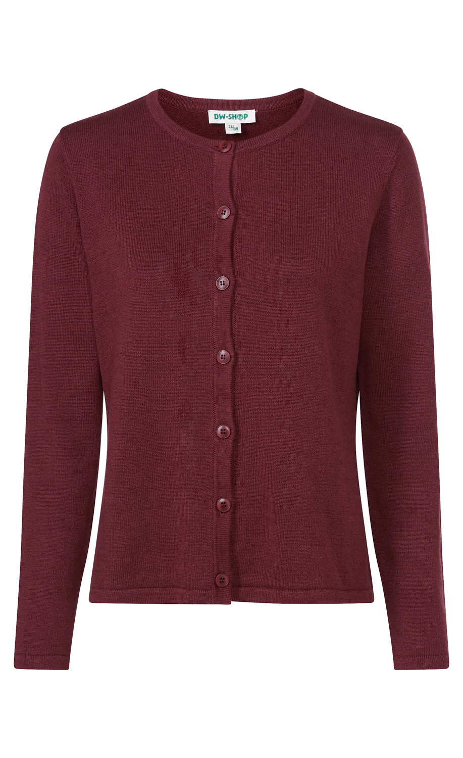 Leinen-Mix-Strickjacke in Bordeauxrot, rundhalsausschnitt, durchgehende Knopfleiste mit sechs Knöpfen, langärmlig, gerader Schnitt, schlichte und feine Strickstruktur