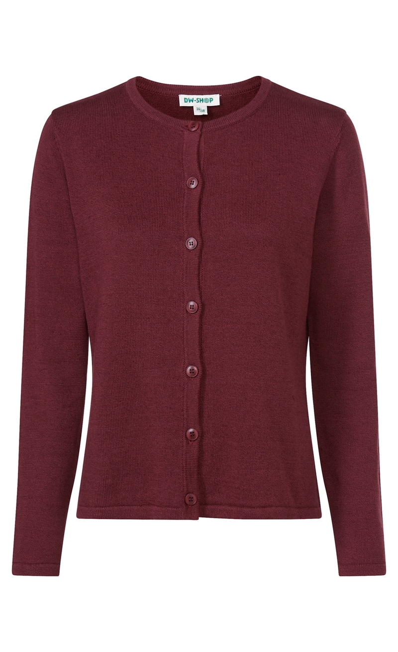 Leinen-Mix-Strickjacke in Bordeauxrot, rundhalsausschnitt, durchgehende Knopfleiste mit sechs Knöpfen, langärmlig, gerader Schnitt, schlichte und feine Strickstruktur