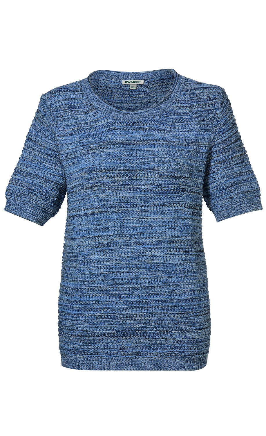 blauer kurzärmliger Baumwoll-Pullover mit strukturierter, horizontaler Rippenstrickmusterung und rundem Halsausschnitt