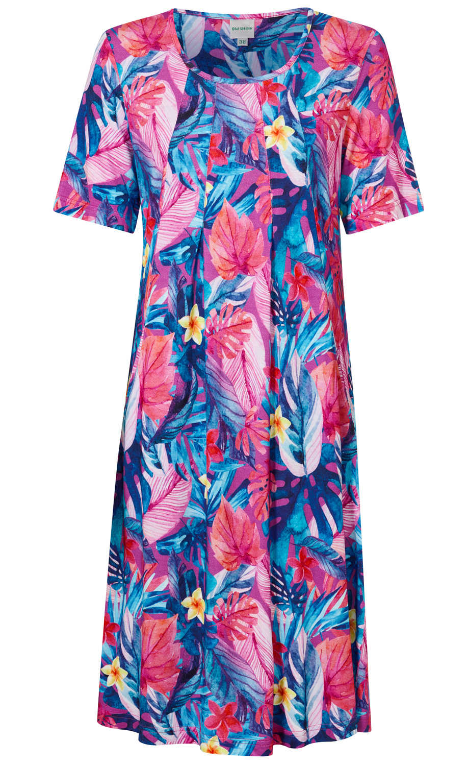 buntes Viskose-Kleid mit kurzem Arm, rundem Ausschnitt und sommerlichem Blumen- und Blätterprint in Pink, Blau, Rot, Gelb und Lila