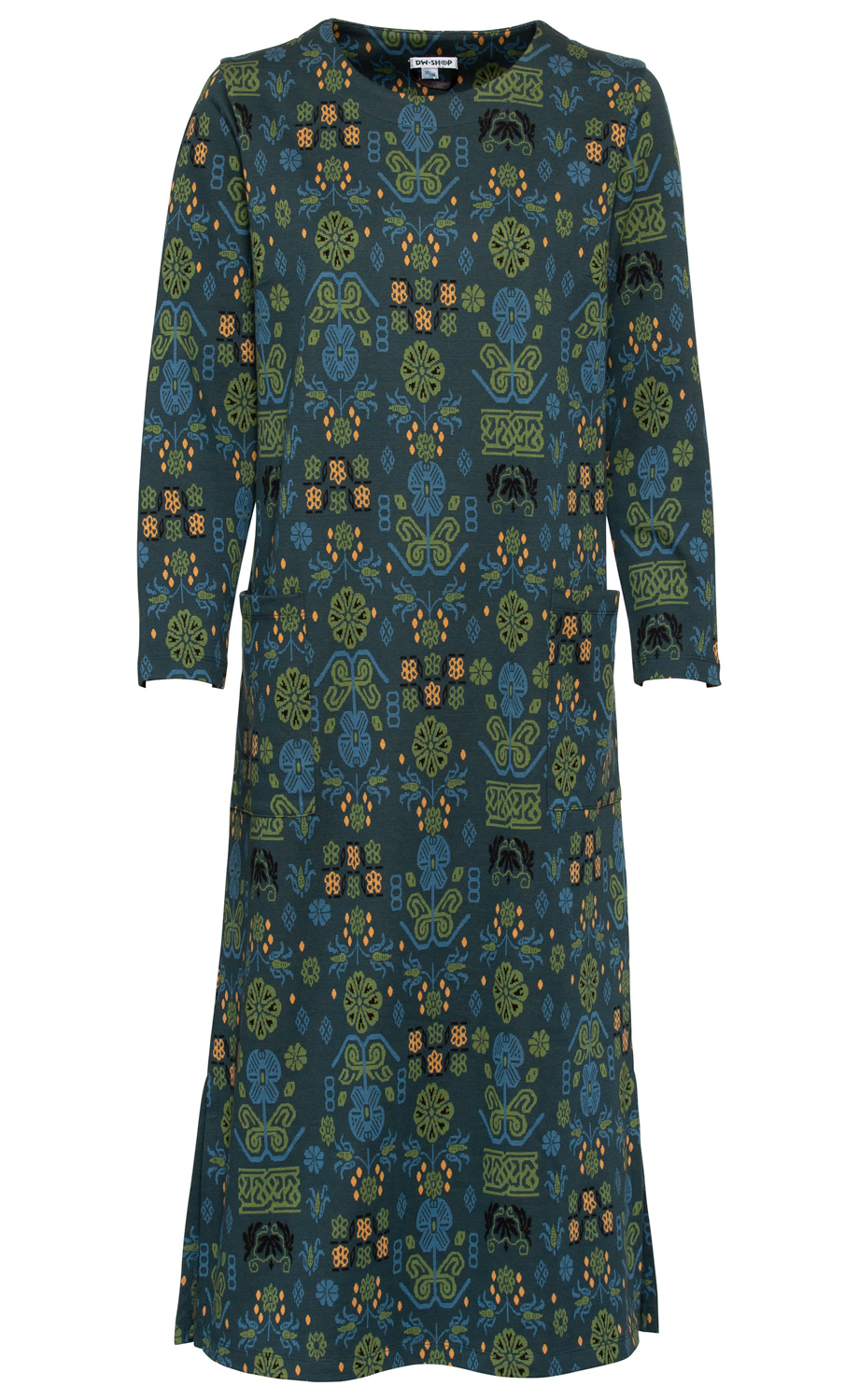 Baumwoll-Hauskleid mit langem Arm, rundem Halsausschnitt, zwei aufgesetzten Taschen vorne, dunkelgrünem Grund mit buntem floralen Muster in Blau, Grün, Orange und Schwarz, knielang, gerade geschnitten.