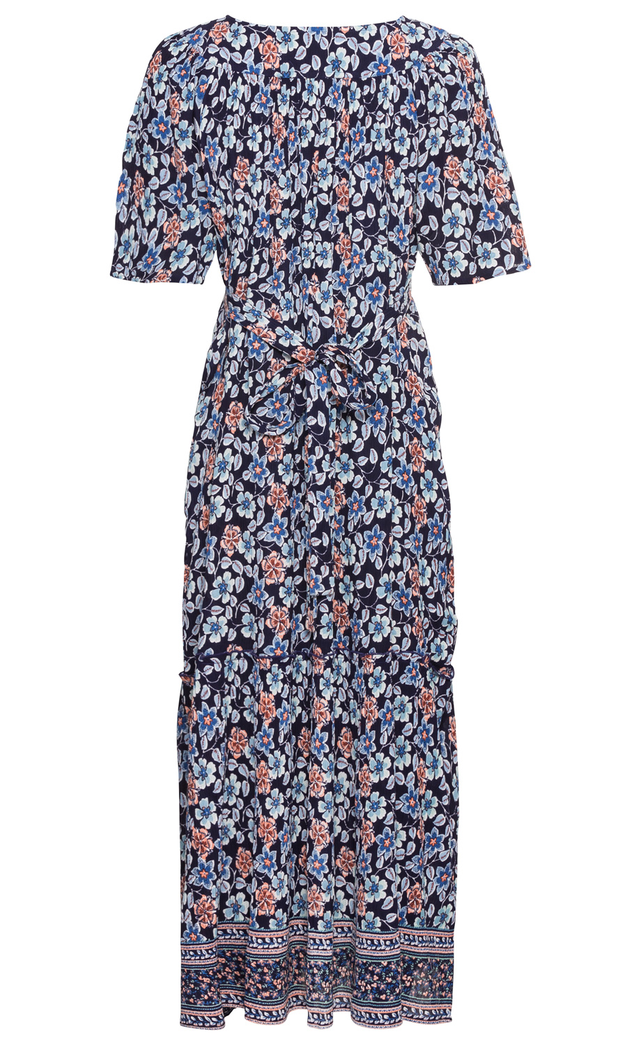 Viskose-Kleid mit halblangen Ärmeln, Blumenmuster in Blau und Orange, Taillengürtel zum Binden, ausgestellter Rockteil mit Stufen und gemustertem Saum.
