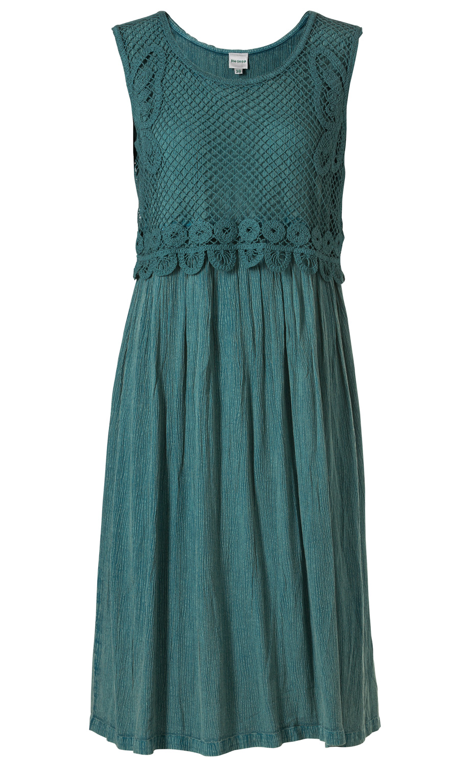 Ärmelloses Viskose-Kleid in Petrol mit gehäkeltem Oberteil, floralem Muster am Bund und plissiertem Rock, Größe 38, leichter und luftiger Stoff