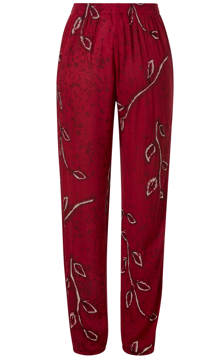 Rote Viskose-Hose mit elastischem Bund, lockerer Passform und dezentem floralen Muster in Beige und Dunkelrot, die sich entlang der Beine verteilt