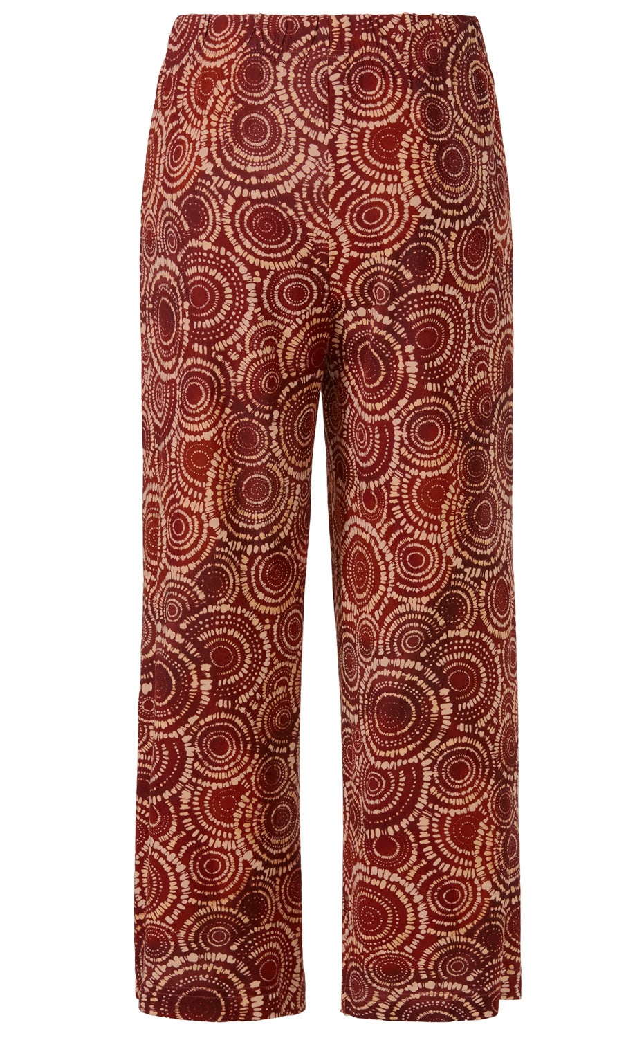 rote Viskose-Hose mit weitem Bein, bedruckt mit beigen, konzentrischen Kreis-Mustern, elastischer Bund ohne sichtbare Taschen, gerade geschnitten, leichte und fließende Stoffqualität