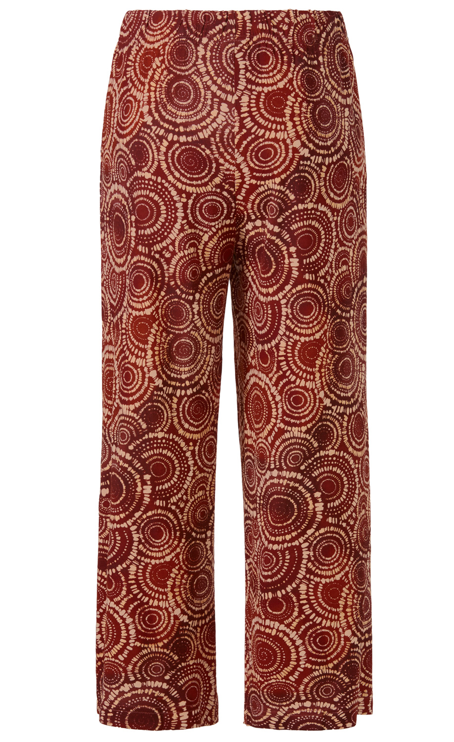 rote Viskose-Hose mit weitem Bein, bedruckt mit beigen, konzentrischen Kreis-Mustern, elastischer Bund ohne sichtbare Taschen, gerade geschnitten, leichte und fließende Stoffqualität