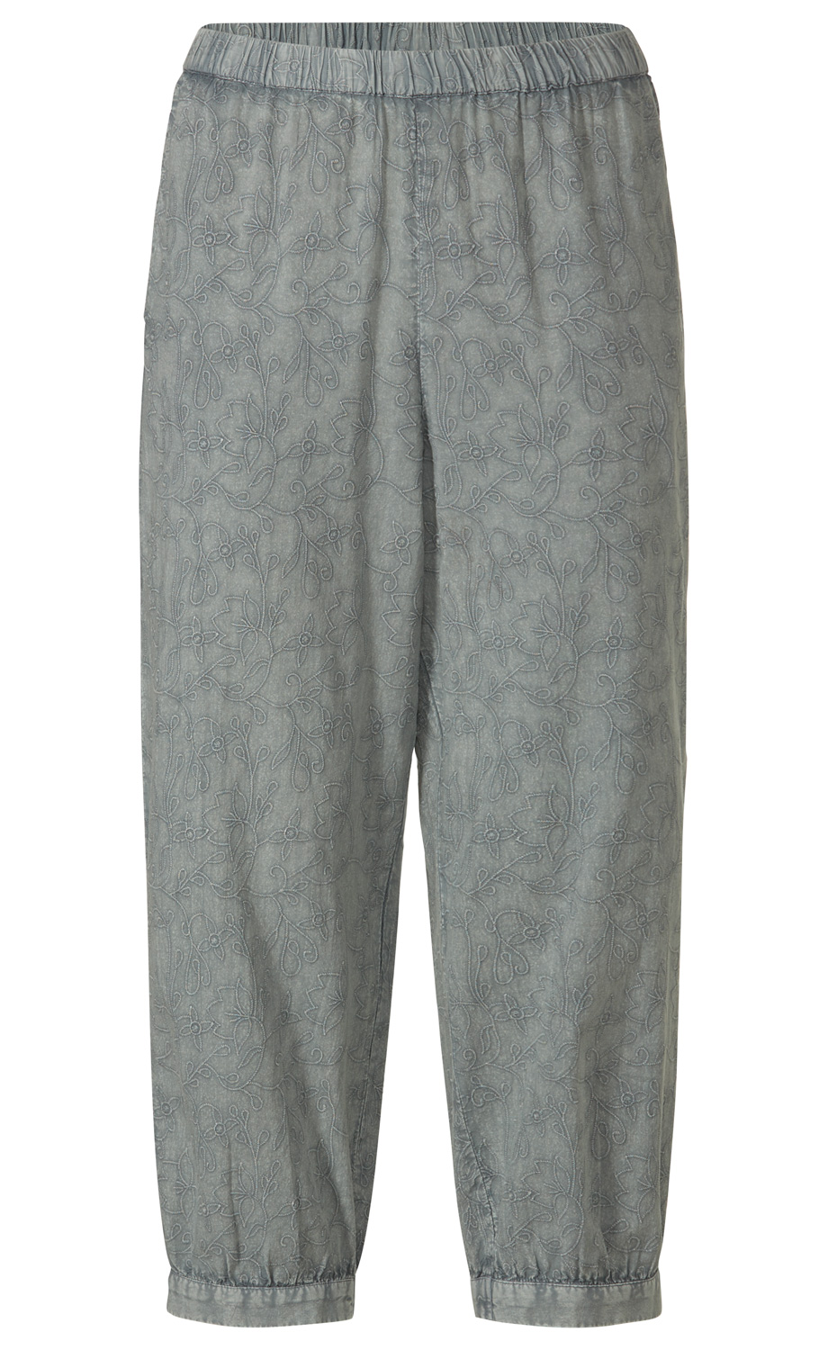 graue Baumwoll-Hose mit elastischem Bund, lockerer Schnitt, floral besticktes Muster, Bündchen am Beinabschluss, legere Passform