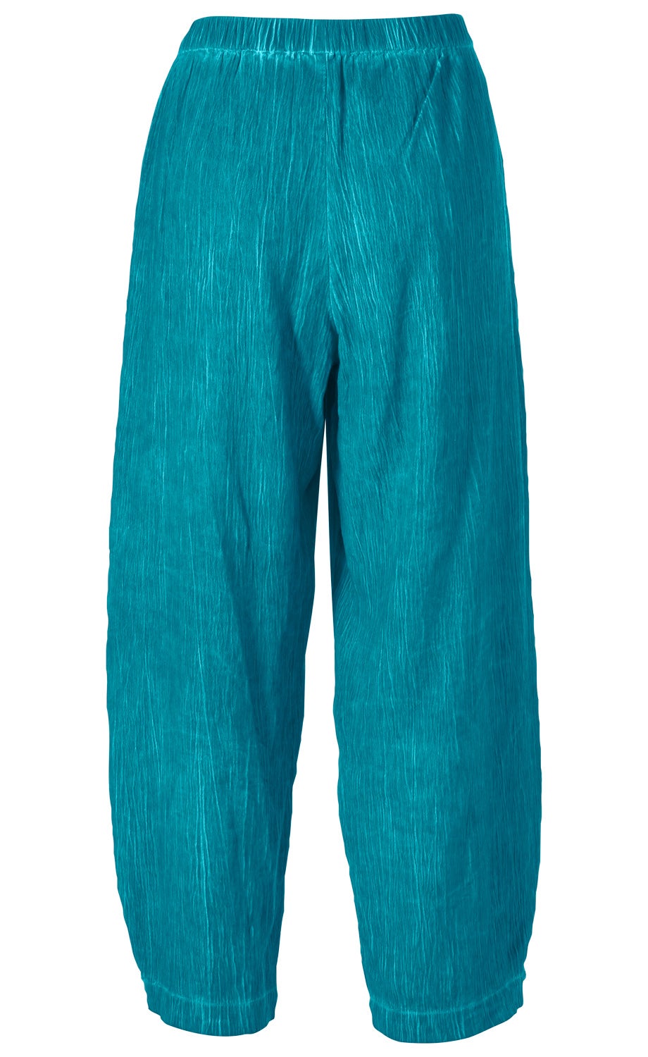 türkisfarbene Viskose-Mix Hose mit weitem Bein, elastischem Bund und feiner Crinkle-Optik