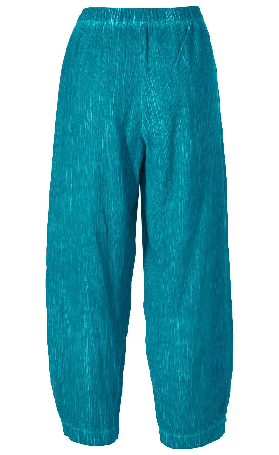 türkisfarbene Viskose-Mix Hose mit weitem Bein, elastischem Bund und feiner Crinkle-Optik