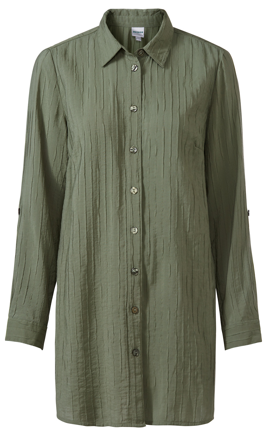 olivgrüne Viskose-Mix-Bluse mit Langarm, Knopfleiste vorne, strukturierter Längsstreifenoptik, Hemdblusenkragen und Manschetten, leger geschnitten