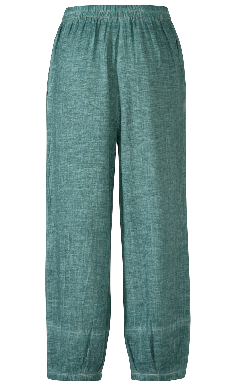 Grüne, locker geschnittene Baumwoll-Hose mit elastischem Bund und weiten, gerafften Hosenbeinen, leichter Textur und seitlichen Eingrifftaschen.