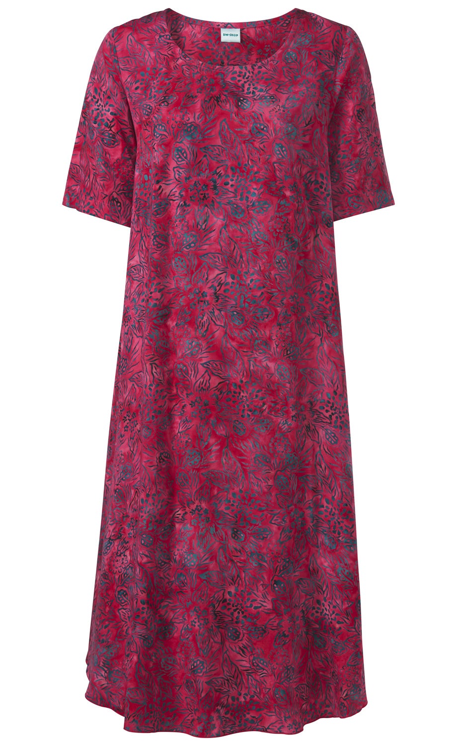 Rotes Viskose-Kleid mit schwarz-blauem Blumenmuster, halblangen Ärmeln und rundem Ausschnitt, gerade geschnitten und knielang