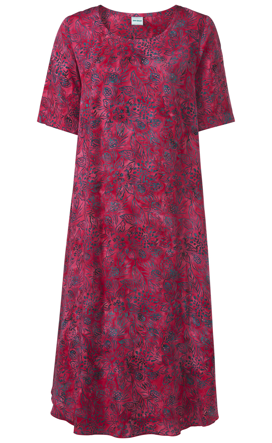 Rotes Viskose-Kleid mit schwarz-blauem Blumenmuster, halblangen Ärmeln und rundem Ausschnitt, gerade geschnitten und knielang