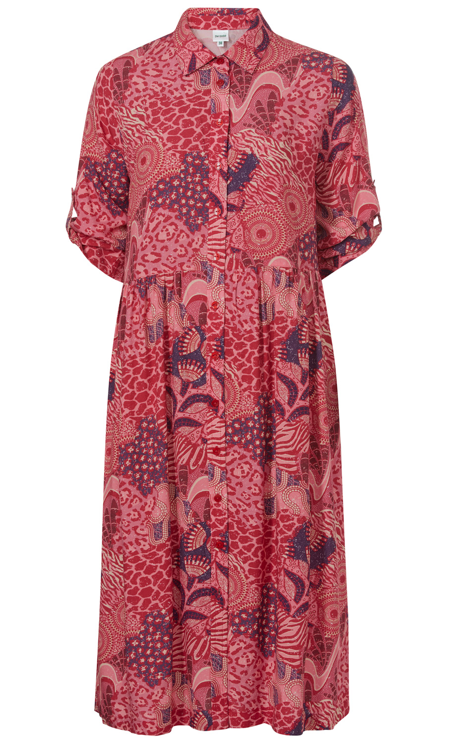 Rotes Viskose-Kleid mit knielangem Schnitt, Knopfleiste vorne, Hemdkragen, halblangen Ärmeln mit Riegeln und abstraktem Muster in Dunkelrot, Rosa und Blau