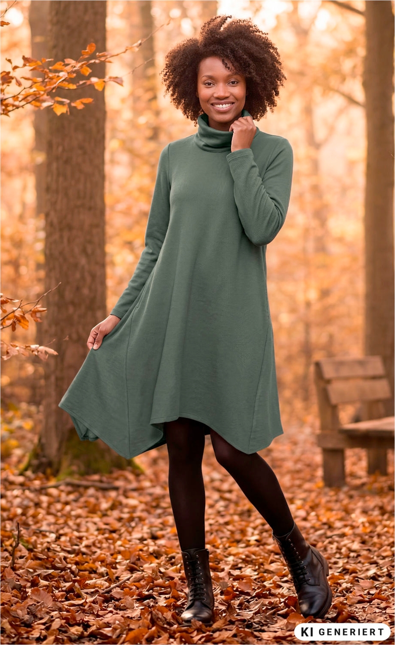 Frau im herbstlichen Wald trägt grünes Baumwoll-Kleid mit langem Arm und Rollkragen, schwarze Strumpfhose und schwarze Schnürstiefel, umgeben von gefallenen Herbstblättern, lächelt freundlich, sitzt auf Holzbank im Hintergrund
