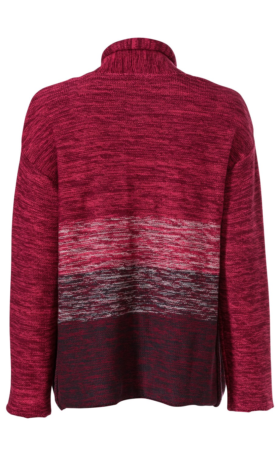 Rückansicht einer Baumwoll-Strickjacke mit hohem Kragen in Rot mit zweifarbigen horizontalen Streifen in Weiß und Dunkelrot am unteren Rückenbereich, langärmlig, locker geschnitten