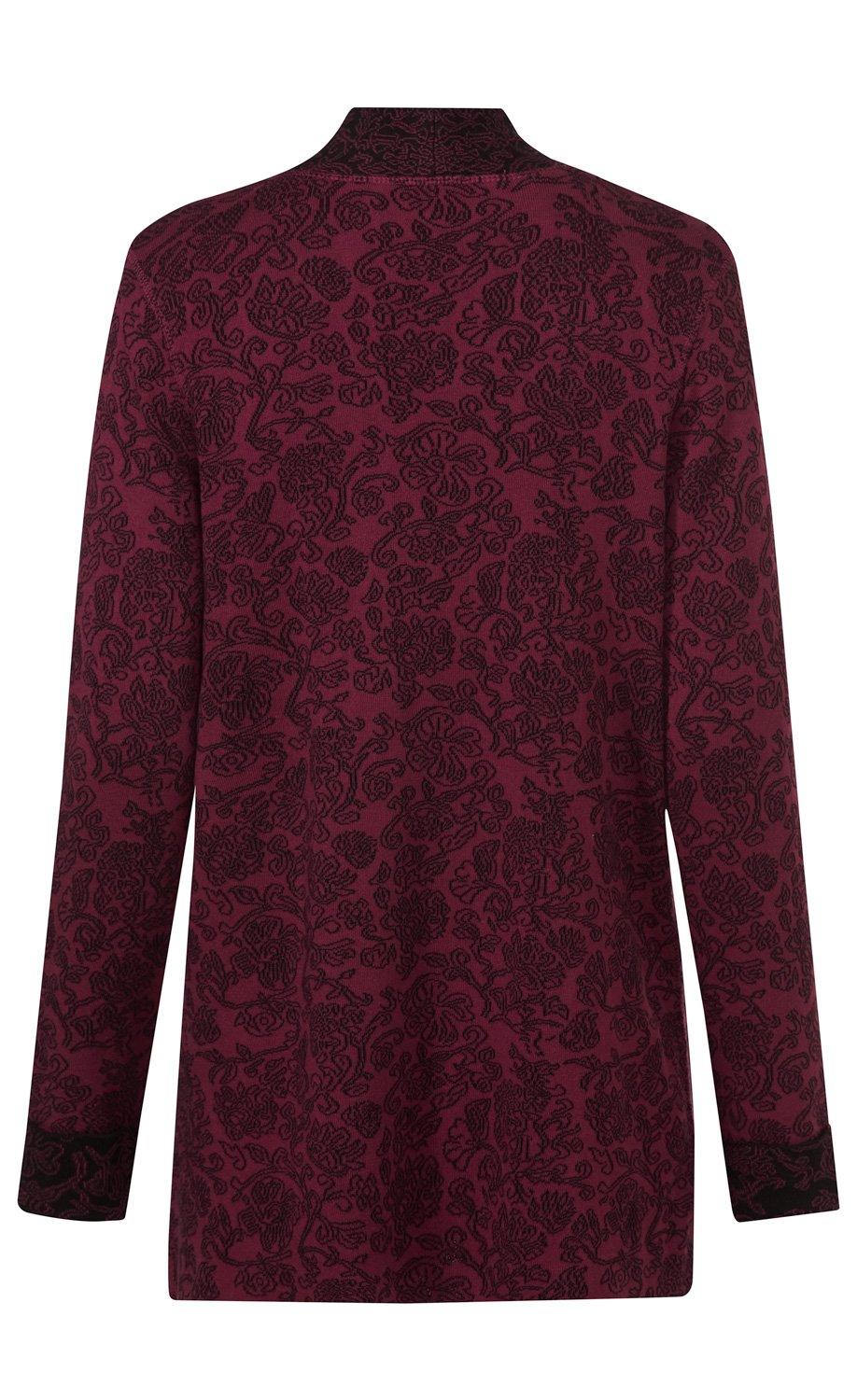 Rückenansicht einer bordeauxroten Baumwoll-Strickjacke mit langem Arm, feinem schwarzen Blumenmuster, Stehkragen und schwarzen Bündchen am Ärmelabschluss