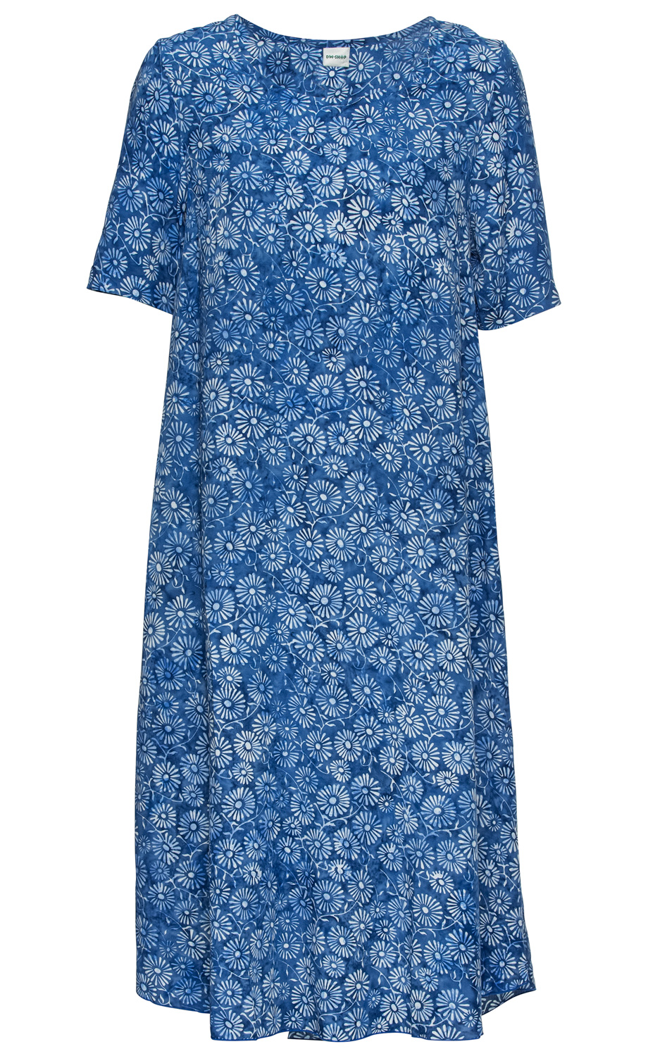 Blaues Viskose-Kleid mit weißen Blumenmustern, kurzen Ärmeln und V-Ausschnitt, locker geschnitten und knielang, leichter Stoff, sommerlich und bequem.