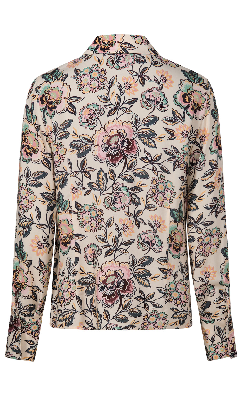 Beige Bluse mit langem Arm und Blütenmuster in Pastellfarben, Rosenmotive mit Blättern, zurückliegende Ansicht, klassischer Kragen, leichte Falten an den Ärmeln, luftiger Stoff, eleganter Schnitt