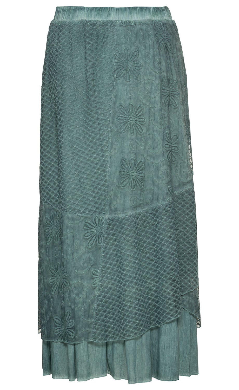 blauer Baumwoll-Mix-Rock mit elastischem Bund, halbtransparenten Stoffeinsätzen mit floraler Stickerei, geteiltem Design aus karierten und floralen Mustern, locker fallend, knöchellang