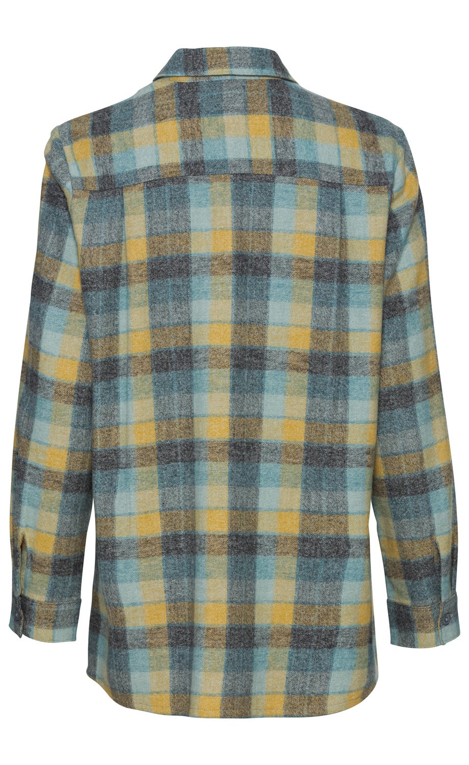 Baumwoll-Bluse Rückansicht, kariert in Gelb, Hellblau und Grau, Langarm mit Manschetten, klassischer Kragen, lockere Passform, weich und gemütlich, ideal für kühle Tage, modernes Casual-Design.