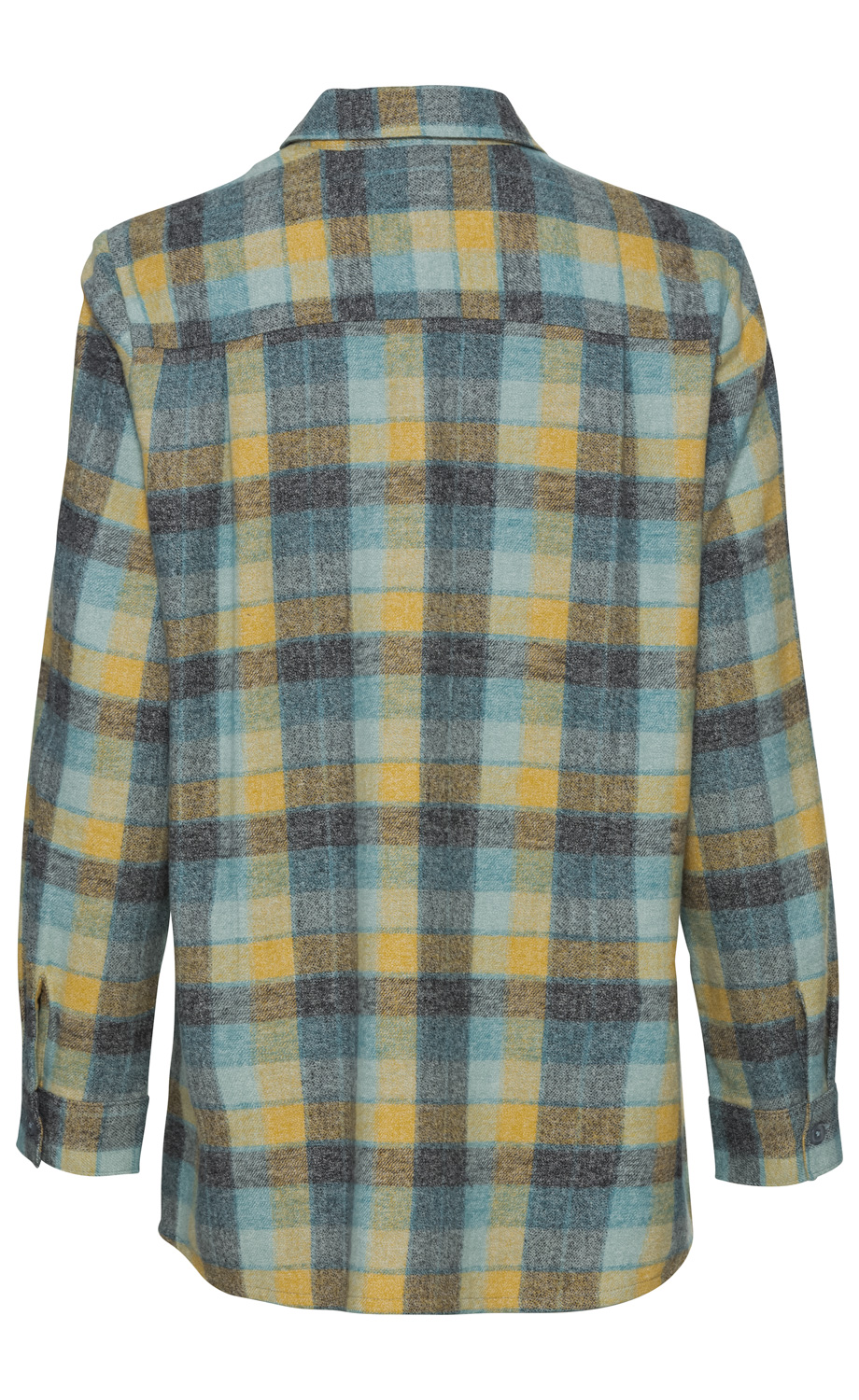 Baumwoll-Bluse Rückansicht, kariert in Gelb, Hellblau und Grau, Langarm mit Manschetten, klassischer Kragen, lockere Passform, weich und gemütlich, ideal für kühle Tage, modernes Casual-Design.