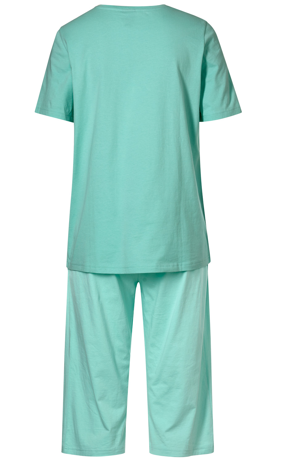 Baumwoll-Schlafanzug aus hellgrünem Stoff, bestehend aus kurzärmeligem Shirt und langen, lockeren Hosen, Rückansicht, schlichtes Design ohne Muster oder Verzierungen