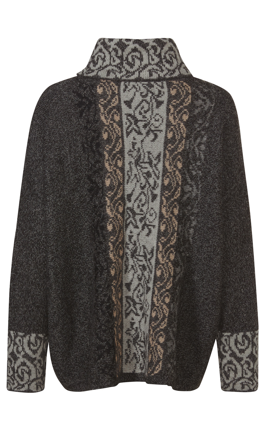 Dunkelgrauer Alpaka-Pullover mit hohem Kragen, langen Ärmeln und breitem, gemustertem Mittelstreifen in Hellgrau und Beige, ornamentale Muster auf Kragen und Ärmelabschlüssen, grob gestrickt, weit geschnitten