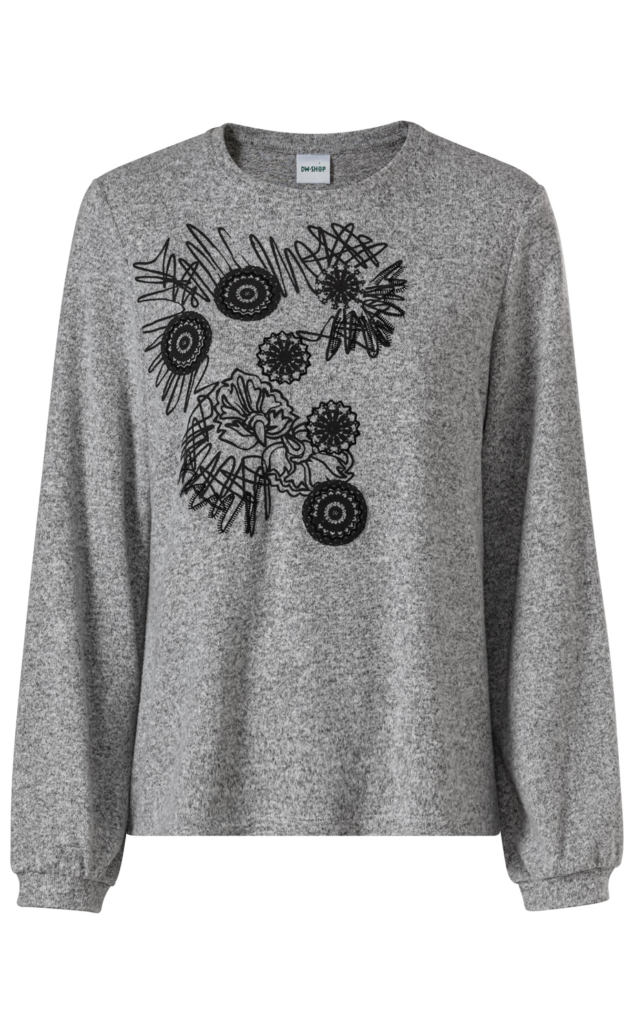 graues Viskose-Mix-Shirt mit langem Arm, rundem Halsausschnitt und schwarzem abstraktem Blumenmuster vorne, lockere Passform, Bündchen an den Ärmeln