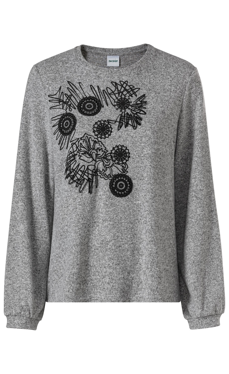 graues Viskose-Mix-Shirt mit langem Arm, rundem Halsausschnitt und schwarzem abstraktem Blumenmuster vorne, lockere Passform, Bündchen an den Ärmeln