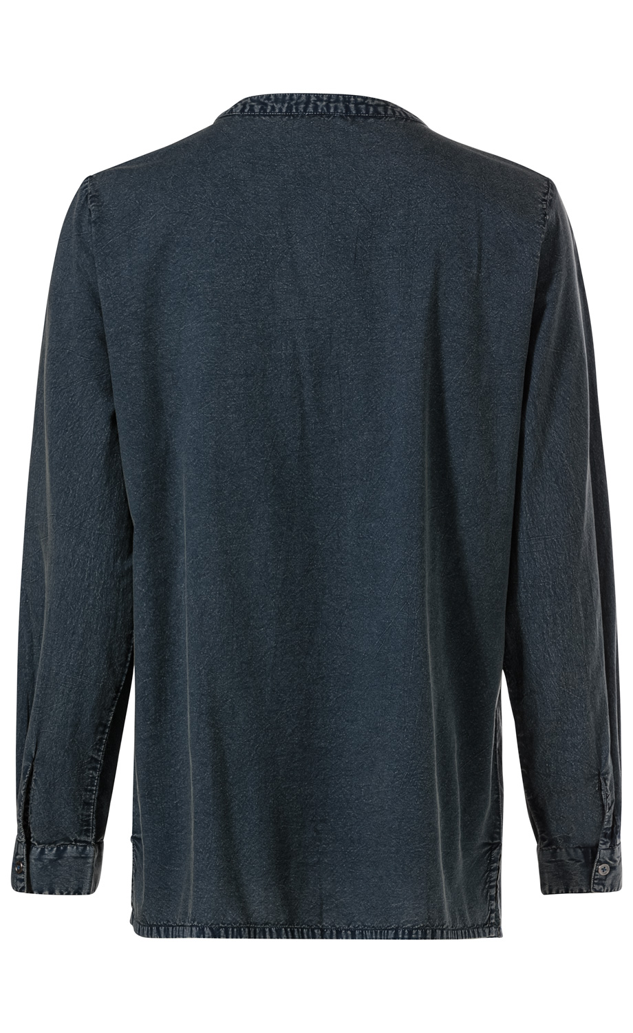 Baumwoll-Bluse in dunklem Blau, langärmlig, Rückansicht, mit simplem Rundhalsausschnitt, geradem Saumabschluss und Knopfmanschetten an den Ärmeln.