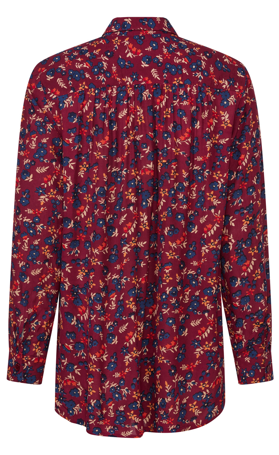 Damenbluse hinten, bordeauxrot mit floralem Muster in Blau, Rot, Orange und Beige, lange Ärmel, Kragen, leichte Falten im Rückenbereich, locker geschnitten