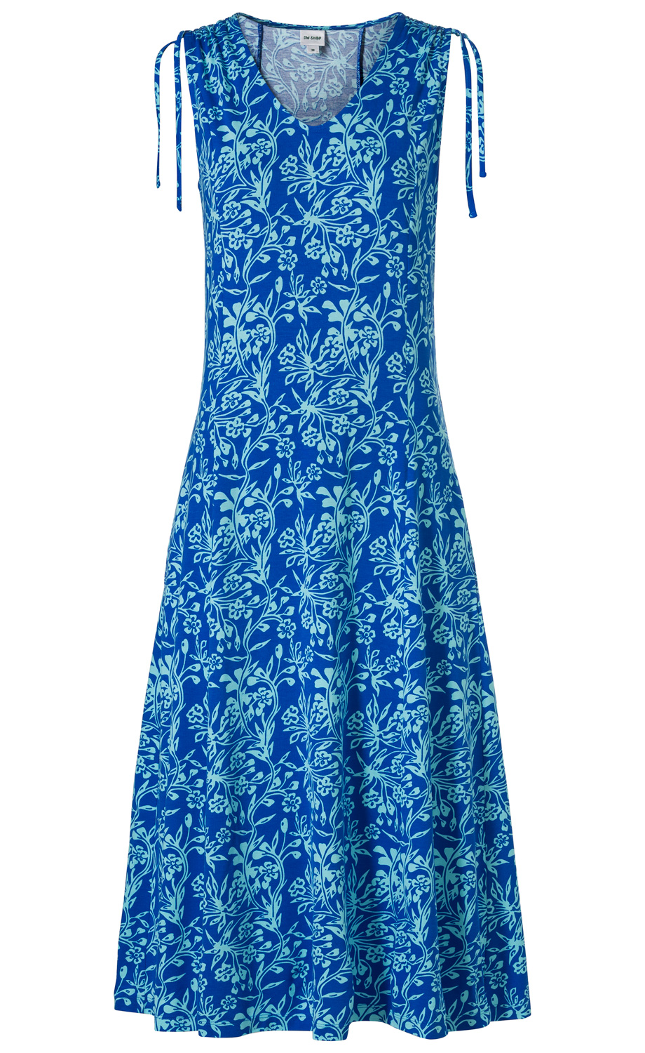 Ärmelloses, blaues Viskose-Mix-Kleid mit floralem hellblauem Muster, V-Ausschnitt und verstellbaren Trägerbändern an den Schultern, ausgestellter Rock, knielang