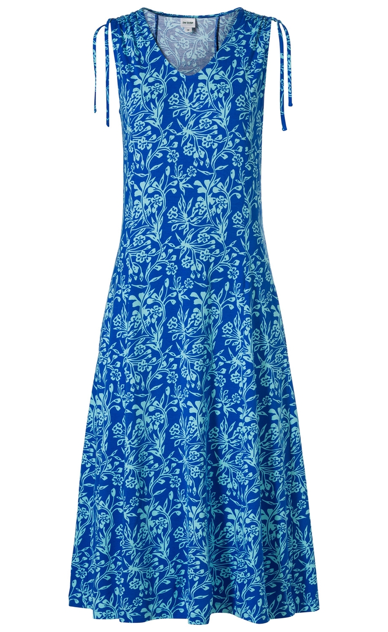 Ärmelloses, blaues Viskose-Mix-Kleid mit floralem hellblauem Muster, V-Ausschnitt und verstellbaren Trägerbändern an den Schultern, ausgestellter Rock, knielang