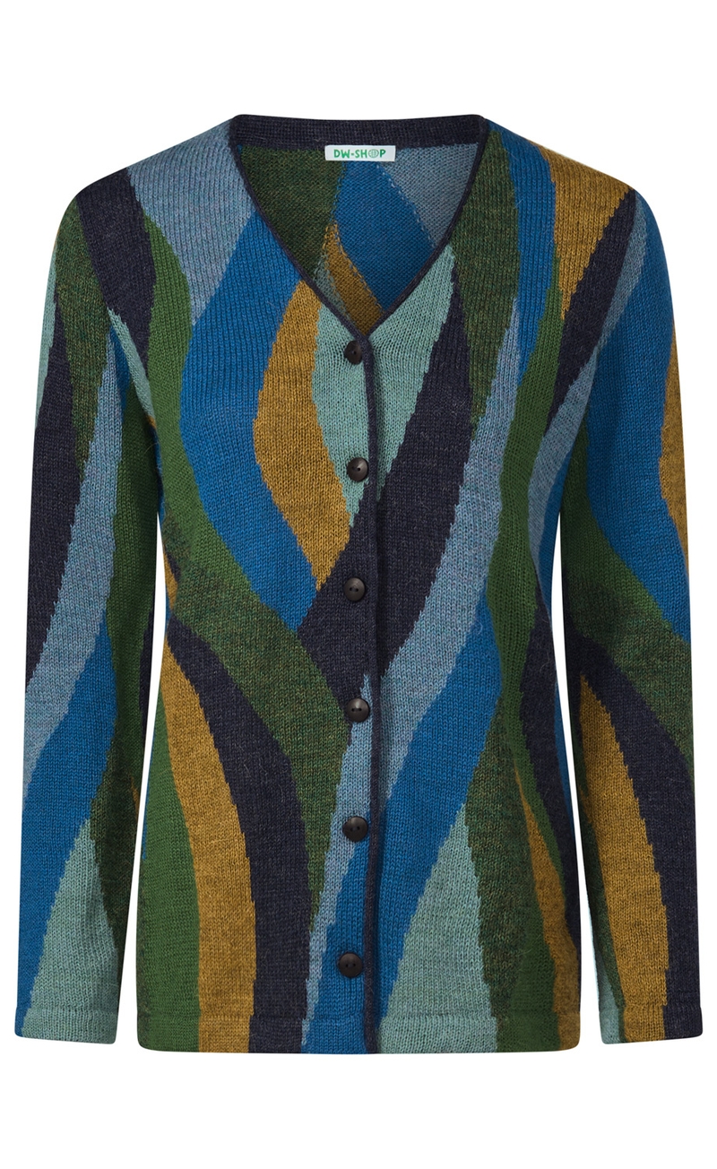 Strick-Cardigan mit V-Ausschnitt, mehrfarbiges wellenförmiges Muster in Blau-, Grün-, Senf- und Dunkelblau-Tönen, lange Ärmel, durchgehende Knopfleiste mit sechs schwarzen Knöpfen, feine Strickstruktur